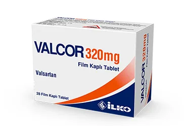VALCOR 320 MG 28 FILM TABLET (valsartan) ürün ambalajı, film kaplı tablet. Üretici: İLKO İLAÇ SAN. VE TİC. A.Ş.