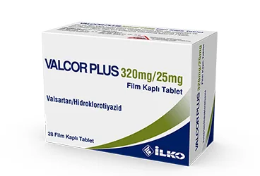 VALCOR PLUS 320/25 MG 28 FİLM KAPLI TABLET ambalajı. Valsartan + hidroklorotiyazid içeren film kaplı tablet. Üretici: İLKO İLAÇ SAN. VE TİC. A.Ş.