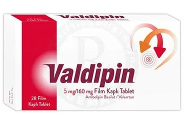 VALDIPIN 5 MG/160 MG FILM KAPLI TABLET (28 FILM KAPLI TABLET) ambalajı, film kaplı tablet formunda amlodipin + valsartan içerir. Üretici: HUMANİS SAĞLIK ANONİM ŞİRKETİ.