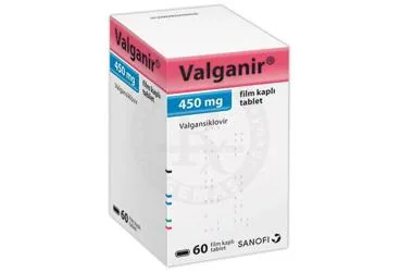 VALGANIR 450 MG 60 FILM TABLET kutusu, film kaplı tablet formunda valgansiklovir içerir. Üretici: SANOFİ İLAÇ SANAYİ ve TİC. A.Ş.