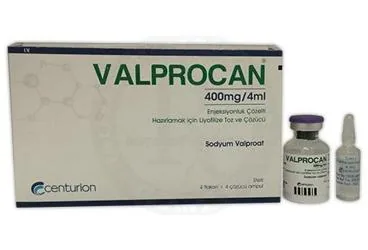 VALPROCAN 400MG/4ML ENJEKSIYONLUK COZELTI HAZIRLAMAK ICIN LIYOFILIZE TOZ VE COZUCU kutu fotoğrafı, çözelti formunda valproik asit içerir. Üretici: CENTURİON İLAÇ SANAYİ VE TİCARET ANONİM ŞİRKETİ.