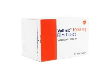 Valasiklovir içeren film kaplı tablet: VALTREX 1000 MG 21 FILM TABLET kutu fotoğrafı. Üretici: GLAXOSMİTHKLİNE İLAÇLARI SAN. VE TİC. A.Ş.