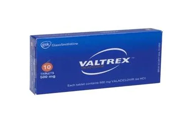 VALTREX 500 MG 10 FILM TABLET kutusu, film kaplı tablet formunda valasiklovir içerir. Üretici: GLAXOSMİTHKLİNE İLAÇLARI SAN. VE TİC. A.Ş.