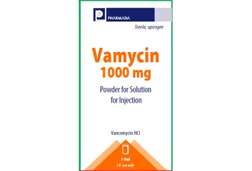 Vankomisin hcl içeren flakon: VAMYCIN 1000 MG IV ENJEKSIYON ICIN LIYOFILIZE TOZ ICEREN FLAKON (1 FLAKON) kutusu. Üretici: PHARMADA İLAÇ SANAYİ VE TİCARET A.Ş.
