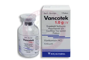 VANCOTEK 1 GR IV ENJEKTABL SOLUSYON HAZIRLAMAK ICIN LIYOFILIZE TOZ ICEREN FLAKON ambalajı, flakon formunda vankomisin hcl içerir. Üretici: KOÇAK FARMA İLAÇ VE KİMYA SANAYİ A.Ş.