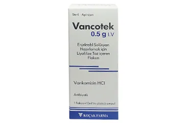 VANCOTEK 500 MG IV ENJEKSIYONLUK COZELTI HAZIRLAMAK ICIN LIYOFILIZE TOZ (1 FLAKON) ambalajı. Vankomisin hcl içeren çözelti. Üretici: KOÇAK FARMA İLAÇ VE KİMYA SANAYİ A.Ş.
