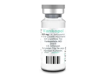 VANKOPOL 500 MG IV INFUZYONLUK VE ORAL COZELTI HAZIRLAMAK ICIN LIYOFILIZE TOZ, 1 FLAKON ürün ambalajı. Vankomisin hcl içeren çözelti. Üretici: POLİFARMA İLAÇ SAN. VE TİC. A.Ş.