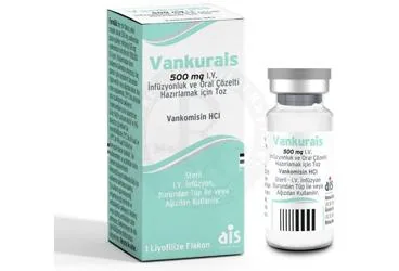 Vankomisin hcl içeren çözelti: VANKURAIS 500 MG I.V. INFUZYONLUK VE ORAL COZELTI HAZIRLAMAK ICIN TOZ (1 FLAKON) ambalajı. Üretici: AROMA İLAÇ SAN.LTD.ŞTİ.