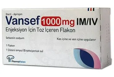 VANSEF 1000 MG IM/IV ENJEKSIYON ICIN TOZ ICEREN FLAKON ambalajı. Sefazolin sodyum içeren flakon. Üretici: PHARMAVİSİON SAN. VE TİC. A.Ş.