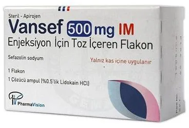 VANSEF 500 MG IM ENJEKSIYON ICIN TOZ ICEREN FLAKON kutusu. Sefazolin sodyum içeren flakon. Üretici: PHARMAVİSİON SAN. VE TİC. A.Ş.