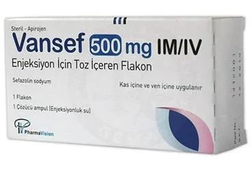 VANSEF 500 MG IM/IV ENJEKSIYON ICIN TOZ ICEREN FLAKON ambalajı. Sefazolin sodyum içeren flakon. Üretici: PHARMAVİSİON SAN. VE TİC. A.Ş.