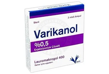 Polidokanol içeren çözelti: VARİKANOL %0.5 ENJEKSIYONLUK COZELTI kutu fotoğrafı. Üretici: VEM İLAÇ SAN. VE TİC. ANONİM ŞİRKETİ.