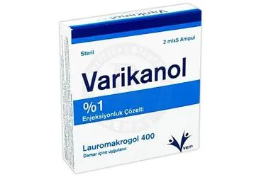 VARIKANOL %1 ENJEKSIYONLUK COZELTI kutu fotoğrafı. Polidokanol içeren çözelti. Üretici: VEM İLAÇ SAN. VE TİC. ANONİM ŞİRKETİ.