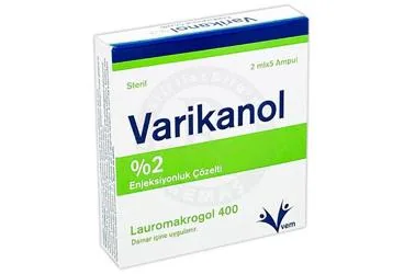 VARIKANOL %2 ENJEKSIYONLUK COZELTI (5 ADET) ürün ambalajı. Polidokanol içeren çözelti. Üretici: VEM İLAÇ SAN. VE TİC. ANONİM ŞİRKETİ.