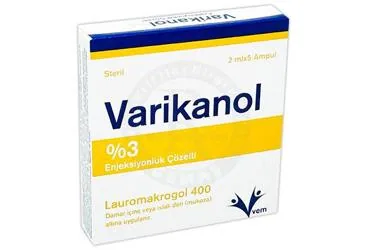 VARIKANOL %3 ENJEKSIYONLUK COZELTI (5 AMPUL) kutusu, çözelti formunda polidokanol içerir. Üretici: VEM İLAÇ SAN. VE TİC. ANONİM ŞİRKETİ.