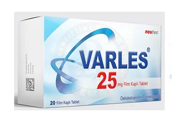 VARLES 25 MG 20 FILM KAPLI TABLET kutu fotoğrafı. Deksketoprofen içeren film kaplı tablet. Üretici: NEUTEC İLAÇ SANAYİ TİCARET ANONİM ŞİRKETİ.