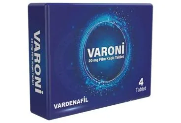 VARONI 20 MG FILM KAPLI TABLET (4 TABLET) ambalajı. Vardenafil içeren film kaplı tablet. Üretici: DR. SERTUS İLAÇ SAN. VE TİC. LTD. ŞTİ.