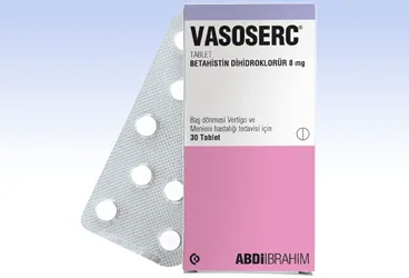 VASOSERC 8 MG 30 TABLET (betahistin dihidroklorid) kutusu, tablet. Üretici: ABDİ İBRAHİM İLAÇ SANAYİ VE TİCARET A.Ş.