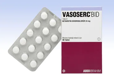Betahistin dihidroklorid içeren tablet: VASOSERC BID 24 MG 90 TABLET ürün ambalajı. Üretici: ABDİ İBRAHİM İLAÇ SANAYİ VE TİCARET A.Ş.