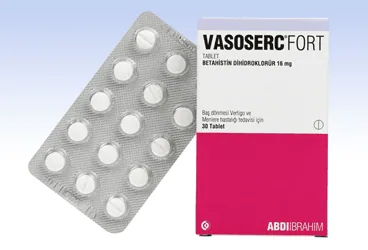 VASOSERC FORT 16 MG TABLET, 60 ADET ambalajı. Betahistin dihidroklorür içeren tablet. Üretici: ABDİ İBRAHİM İLAÇ SAN. VE TİC. A.Ş.