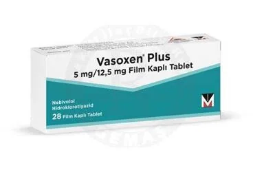 VASOXEN PLUS 5/12,5 MG FILM KAPLI TABLET (28 TABLET) ambalajı, film kaplı tablet formunda nebivolol + hidroklorotiazid içerir. Üretici: MENARİNİ İLAÇ SANAYİ VE TİCARET A.Ş.