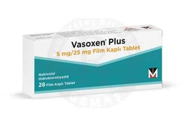 VASOXEN PLUS 5/25 MG FILM KAPLI TABLET (28 TABLET) (nebivolol + hidroklorotiazid) kutu fotoğrafı, film kaplı tablet. Üretici: MENARİNİ İLAÇ SANAYİ VE TİCARET A.Ş.