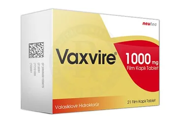 Valasiklovir içeren film kaplı tablet: VAXVIRE 1000 MG 21 FILM KAPLI TABLET kutu fotoğrafı. Üretici: NEUTEC İLAÇ SANAYİ TİCARET ANONİM ŞİRKETİ.