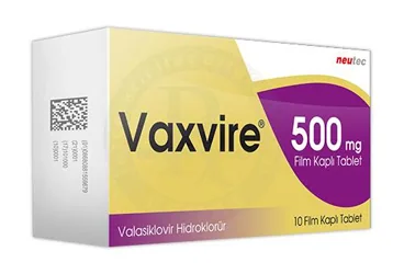 VAXVIRE 500 MG 10 FILM KAPLI TABLET kutu fotoğrafı, film kaplı tablet formunda valasiklovir içerir. Üretici: NEUTEC İLAÇ SANAYİ TİCARET ANONİM ŞİRKETİ.
