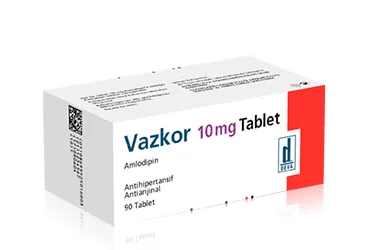 Amlodipin içeren tablet: VAZKOR 10 MG 90 TABLET kutu fotoğrafı. Üretici: DEVA HOLDİNG ANONİM ŞİRKETİ.