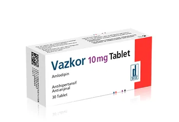 VAZKOR 10 MG 30 TABLET kutusu, tablet formunda amlodipin içerir. Üretici: DEVA HOLDİNG ANONİM ŞİRKETİ.