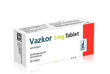 VAZKOR 5 MG 20 TABLET (amlodipin) kutusu, tablet. Üretici: DEVA HOLDİNG ANONİM ŞİRKETİ.