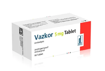 VAZKOR 5 MG 90 TABLET ambalajı. Amlodipin içeren tablet. Üretici: DEVA HOLDİNG ANONİM ŞİRKETİ.