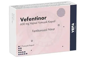 VEFENTINOR 600 MG VAJINAL YUMUŞAK KAPSUL (2 KAPSUL) (fentikonazol nitrat) kutusu, yumuşak kapsül. Üretici: VEFA İLAÇ SANAYİ VE TİCARET ANONİM ŞİRKETİ.