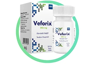 VEFORIX 245 MG 30 FILM KAPLI TABLET (tenofovir disoproksil) ürün ambalajı, film kaplı tablet. Üretici: VEFA İLAÇ SANAYİ VE TİCARET ANONİM ŞİRKETİ.