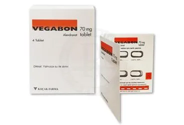 VEGABON 70 MG 4 TABLET ürün ambalajı. Alendronat sodyum içeren tablet. Üretici: KOÇAK FARMA İLAÇ VE KİMYA SANAYİ A.Ş.