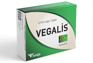 VEGALIS 20 MG FILM KAPLI TABLET (4 TABLET) kutu fotoğrafı. Tadalafil içeren film kaplı tablet. Üretici: AVRUPA İLAÇ VE KOZMETİK SANAYİ TİCARET ANONİM ŞİRKETİ.