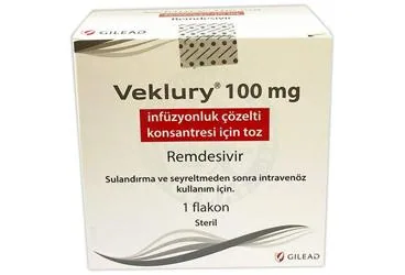 VEKLURY 100 MG INFUZYONLUK COZELTI KONSANTRESI ICIN TOZ (1 FLAKON) (remdesivir) ambalajı, çözelti. Üretici: GİLEAD SCİENCES İLAÇ TİCARET LTD. ŞTİ.
