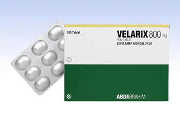 VELARIX 800 MG 180 FILM TABLET ambalajı. Sevelamer hidroklorür içeren film kaplı tablet. Üretici: ABDİ İBRAHİM İLAÇ SANAYİ VE TİCARET A.Ş.