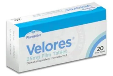 Deksketoprofen içeren film kaplı tablet: VELORES 25 MG FILM KAPLI TABLET (20 FILM KAPLI TABLET) kutu fotoğrafı. Üretici: HUMANİS SAĞLIK ANONİM ŞİRKETİ.