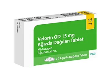 Mirtazapin içeren tablet: VELORIN OD 15 MG AGIZDA DAGILAN 30 TABLET ambalajı. Üretici: TEVA İLAÇLARI SANAYİ VE TİCARET A.Ş.