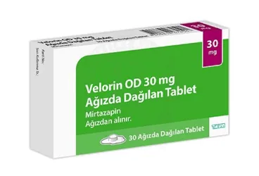 Mirtazapin içeren tablet: VELORIN OD 30 MG AGIZDA DAGILAN 30 TABLET kutusu. Üretici: TEVA İLAÇLARI SANAYİ VE TİCARET A.Ş.