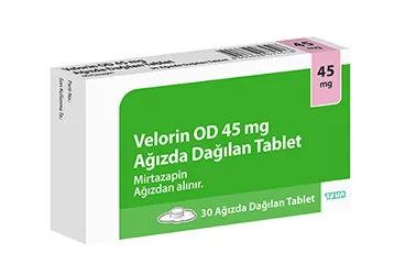 VELORIN OD 45 MG AGIZDA DAGILAN 30 TABLET ambalajı. Mirtazapin içeren tablet. Üretici: TEVA İLAÇLARI SANAYİ VE TİCARET A.Ş.