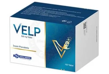 VELP 500 MG TABLET (100 TABLET) kutu fotoğrafı. Inosin pranobeks içeren tablet. Üretici: WORLD MEDICINE İLAÇ SAN. VE TİC. A.Ş.
