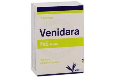 VENIDARA% 5 KREM (imikimod) ürün ambalajı, krem. Üretici: VEM İLAÇ SAN. VE TİC. ANONİM ŞİRKETİ.