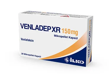 VENLADEP XR 150 MG 28 MIKROPELLET KAPSUL ambalajı. Venlafaksin hcl içeren kapsül. Üretici: İLKO İLAÇ SAN. VE TİC. A.Ş.