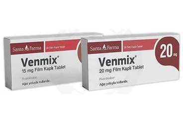 VENMIX 15 MG FILM KAPLI TABLET (28 TABLET) kutu fotoğrafı. Rivaroksaban içeren film kaplı tablet. Üretici: SANTA FARMA İLAÇ SAN. A.Ş.