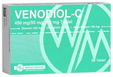 VENODIOL-C 450 MG/50 MG/100 MG TABLET (30 TABLET) ambalajı. Diosmin + hesperidin + askorbik asit içeren tablet. Üretici: WORLD MEDICINE İLAÇ SAN. VE TİC. A.Ş.