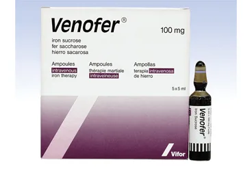 VENOFER 100 MG/5 ML IV ENJEKSIYONLUK COZELTI ürün ambalajı. Demir iii hidroksit sükroz içeren çözelti. Üretici: ABDİ İBRAHİM İLAÇ SANAYİ VE TİCARET A.Ş.