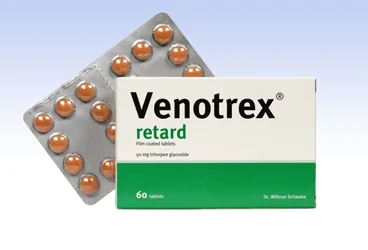 VENOTREX 50 MG DEGISTIRILMIS SALIMLI FILM KAPLI TABLET ambalajı. Atkestanesi ekstresi -troxerutin içeren film kaplı tablet. Üretici: ABDİ İBRAHİM İLAÇ SANAYİ VE TİCARET A.Ş.