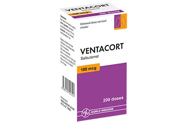 VENTACORT 100 MCG AEROSOL INHALER 1 ADET 200 DOZ kutu fotoğrafı. Salbutamol -inhalant içeren inhalasyon aerosolü. Üretici: WORLD MEDICINE İLAÇ SAN. VE TİC. A.Ş.